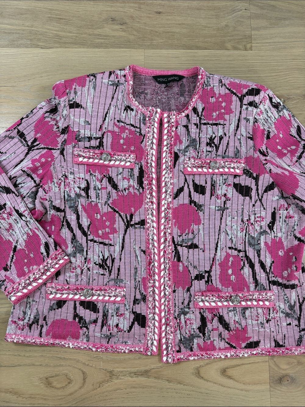 Ming Wang Fuchsia Pink Floral Knit Jacket Textured Blazer Cardigan L